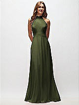 Front View Thumbnail - Olive Green High Neck Halter Backless Maxi Dress