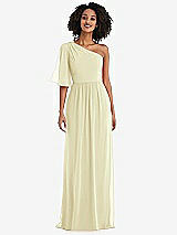 Front View Thumbnail - Butter Yellow One-Shoulder Bell Sleeve Chiffon Maxi Dress