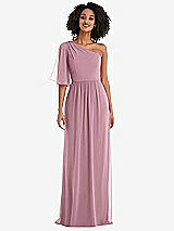 Front View Thumbnail - Dusty Pink One-Shoulder Bell Sleeve Chiffon Maxi Dress