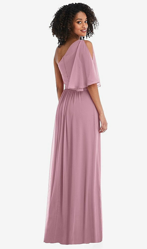 Back View - Dusty Pink One-Shoulder Bell Sleeve Chiffon Maxi Dress