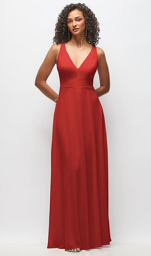 Front View - Poppy Red Deep V-Neck Chiffon Maxi Dress