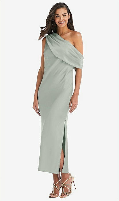 Draped One-shoulder Convertible Midi Slip Bridesmaid Dress In Willow Green 