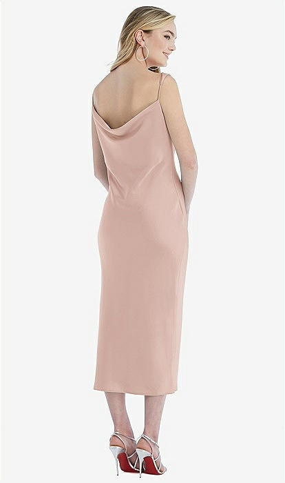 kenzie satin asymmetric draped midi dress in mauve Isabel Lace Trim Maxi Slip Dress by Jewel Badgley Mischka main image 0