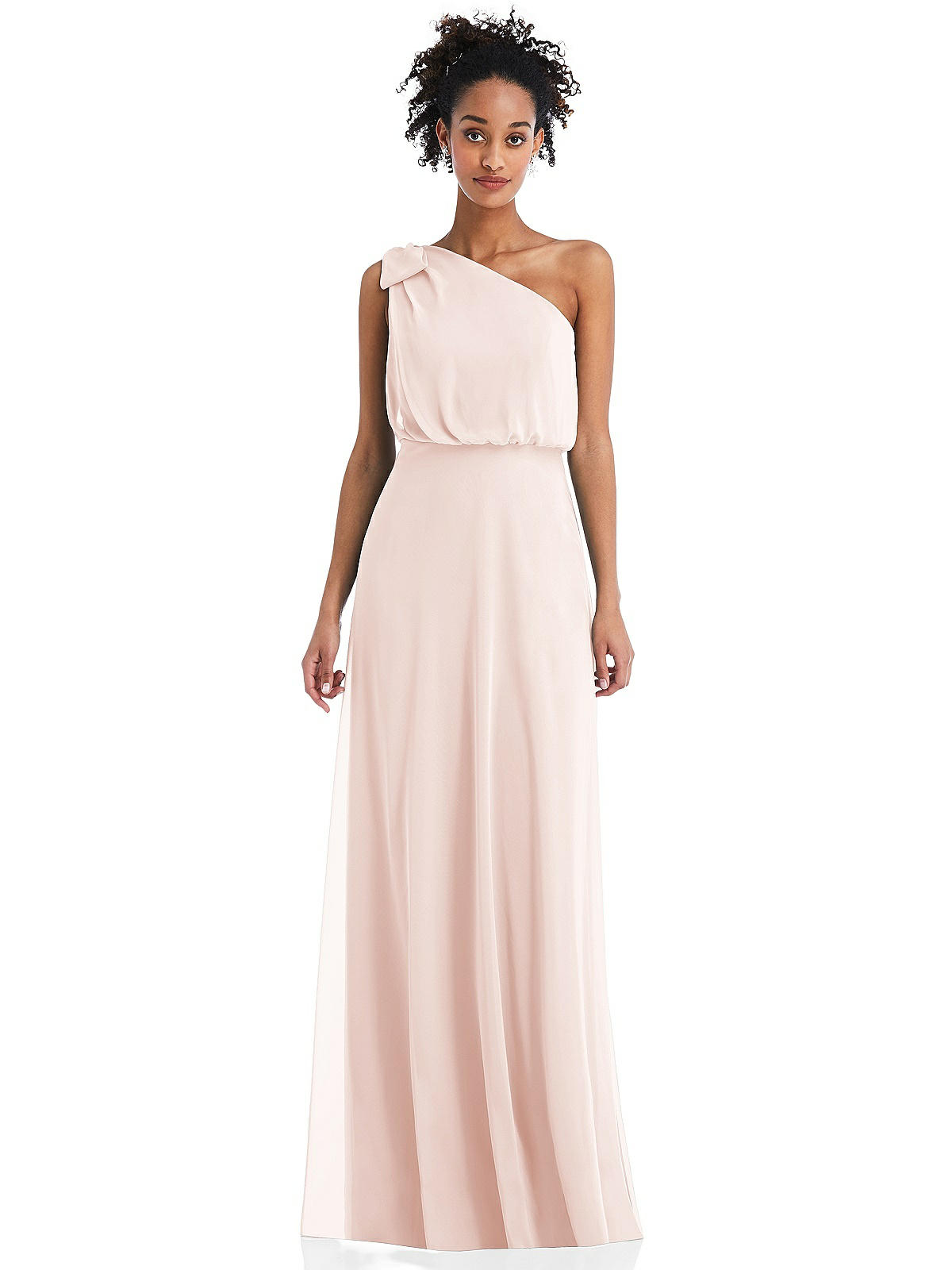 One-shoulder Bow Blouson Bodice Maxi Bridesmaid Dress In Blush | The Dessy  Group