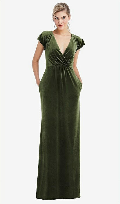 Flutter Sleeve Wrap Bodice Velvet Maxi Bridesmaid Dress With Pockets In  Olive Green