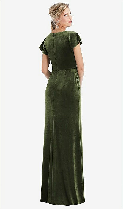 Flutter Sleeve Wrap Bodice Velvet Maxi Bridesmaid Dress With Pockets In Olive  Green | The Dessy Group