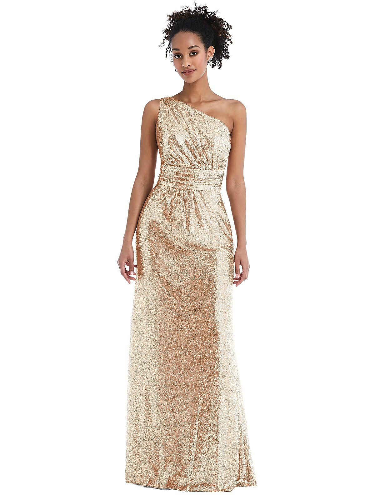 One-shoulder Draped Sequin Maxi Bridesmaid Dress In Rose Gold | The Dessy  Group