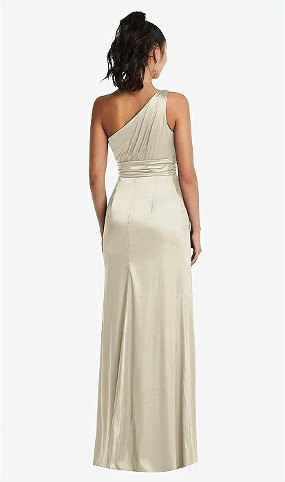 one shoulder champagne dress Six Stories One-Shoulder Ruched Satin Maxi Dress main image 0